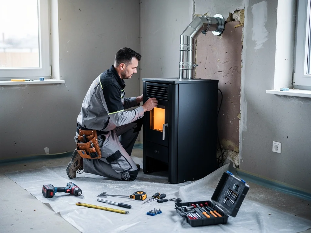 Installateur RGE raccordant le conduit concentrique à l'arrière d'un poêle à granulés